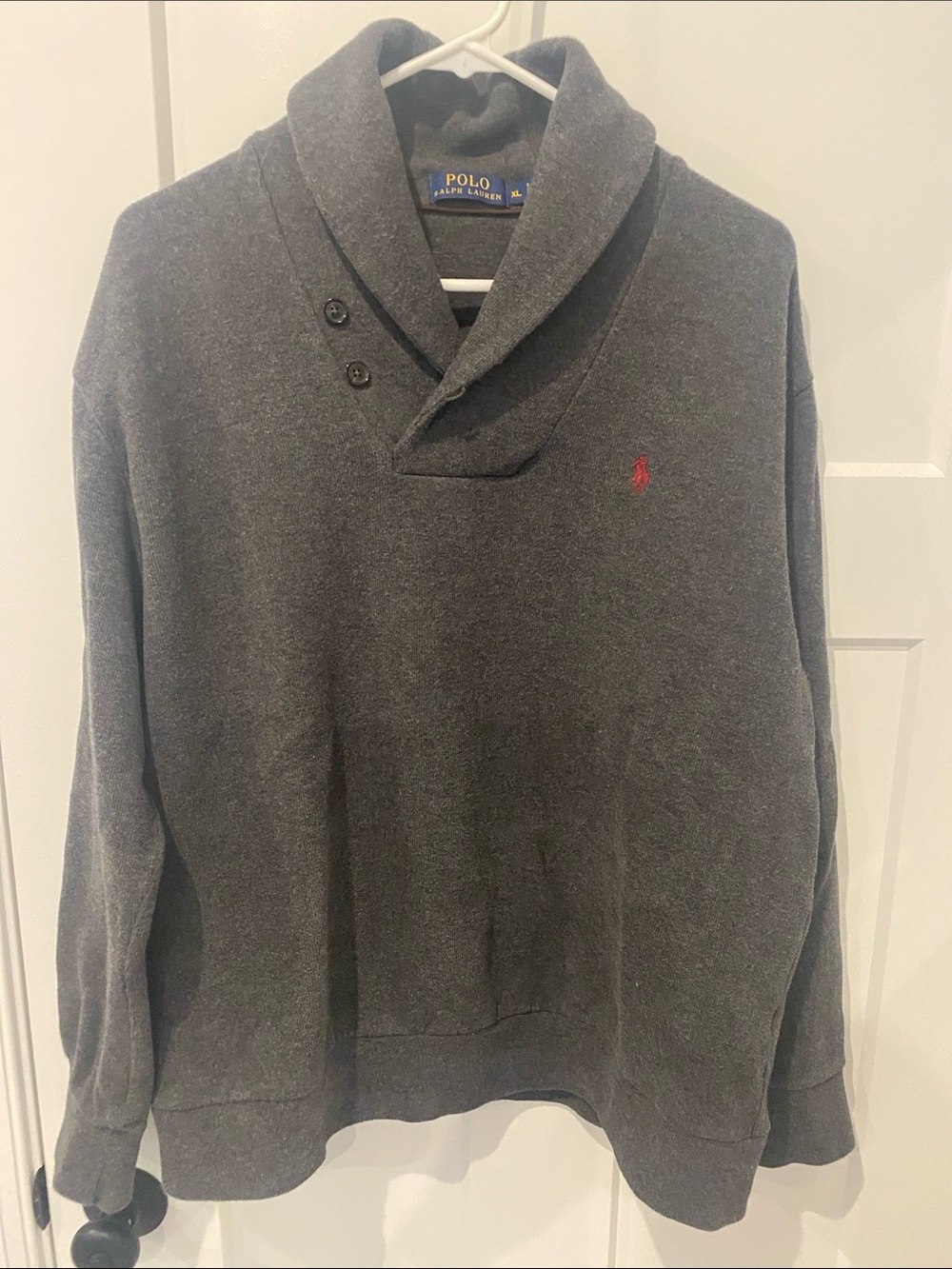 Polo by Ralph Lauren Charcoal Gray Shawl Collar Sweater with Red Pony